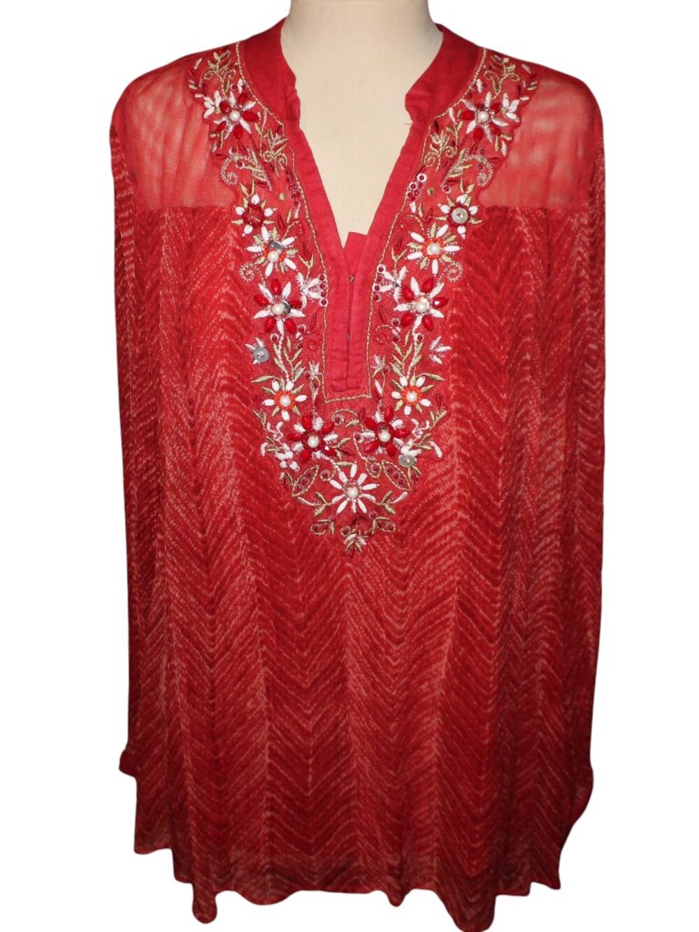 Soft Surroundings Red Chiffon Beaded Yoke Tunic Top Boho Chevron Large L